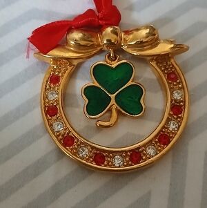 Vintage Solvar Ireland Pendant/Ornament Rhinestones Green Clover